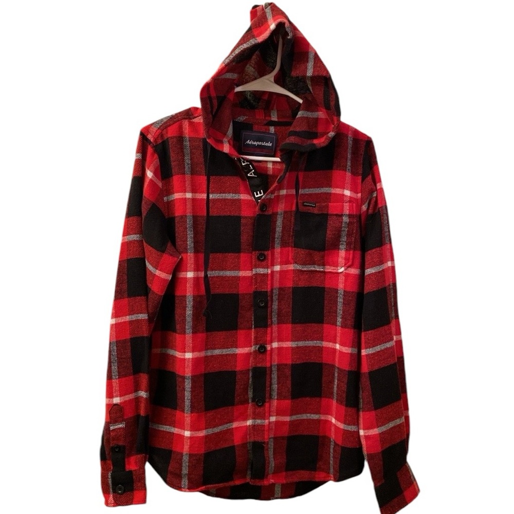 Aeropostale Flannel Shirt with Hood Pocket Red Black White Plaid Men’s SZ S